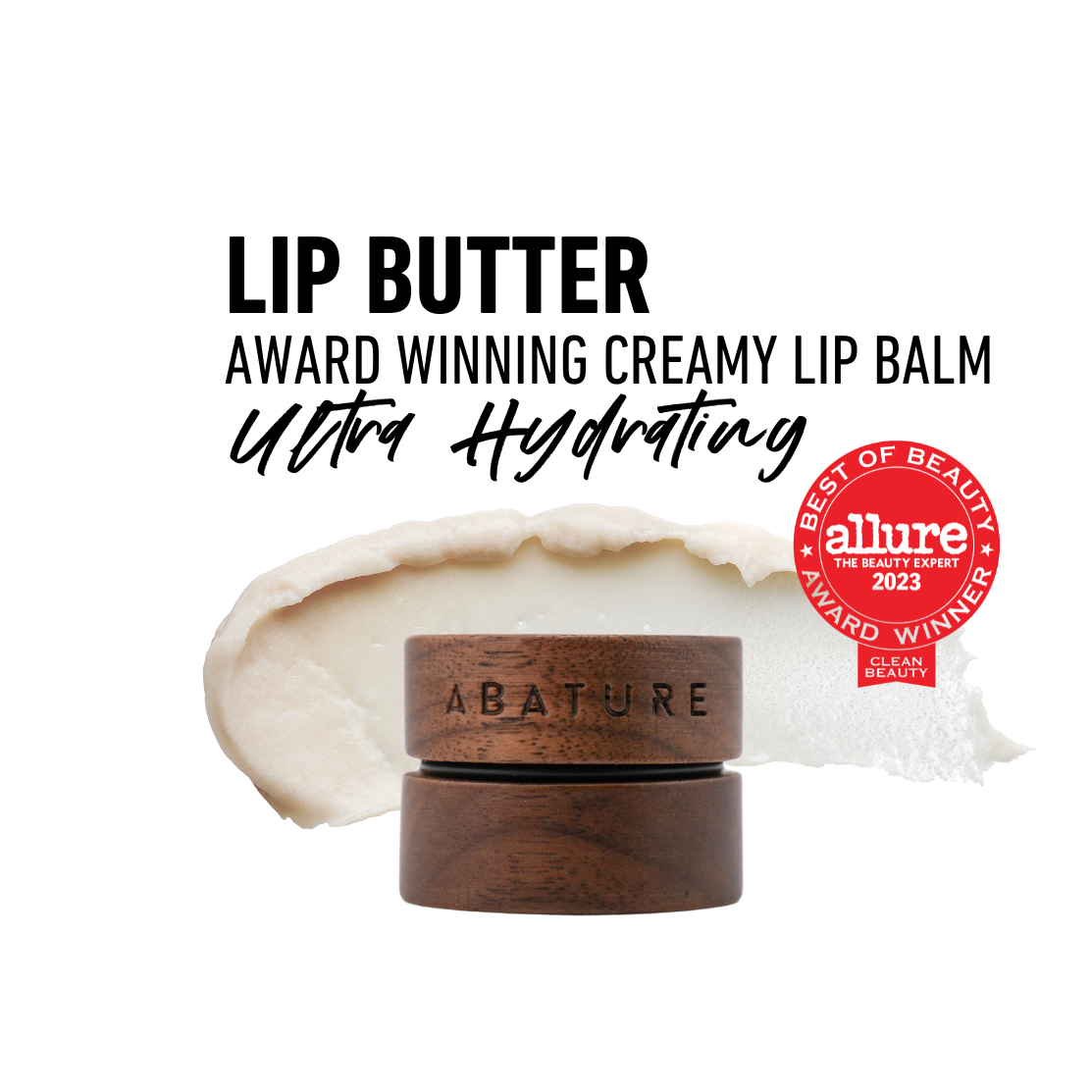 ABATURE Lip butter with wooden container and 'Allure Best of Beauty' award badge on a white background