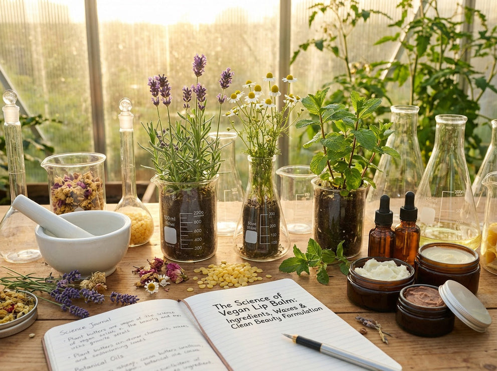Botanical ingredients, plant waxes, oils, and lab glassware arranged on a table, representing the science of vegan lip balm formulation.
